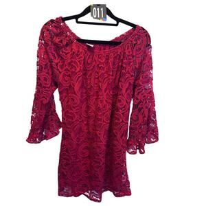 WinWin Red Floral Lace Tunic Top S/M Boho Bell Sleeve Coquette Romantic Goth